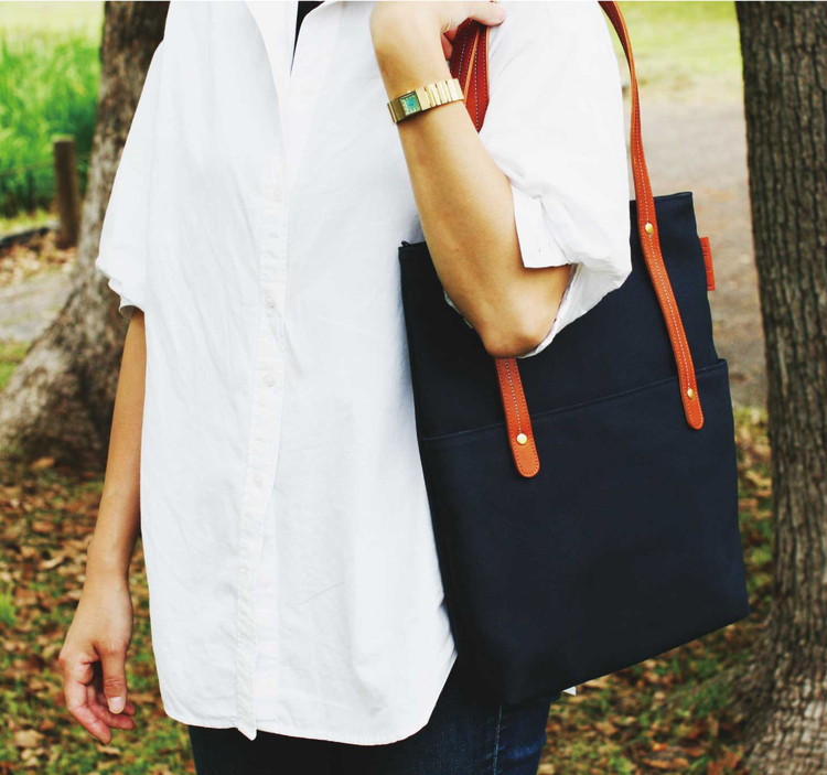 倉敷産帆布×本革　[A4サイズ対応] 縦長トートバッグ (黒×黒