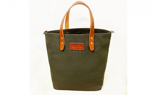 倉敷産帆布×本革 2way トートバッグタグ(カーキ×ブラウン)