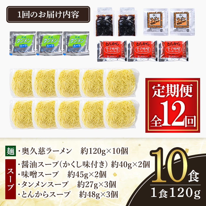 奥久慈ラーメン セット 12ヶ月 定期便 ラーメン 拉麺 食べ比べ 詰め合わせ 醤油 味噌 みそ タンメン とんから 豚骨 麺 生麺 スープ スープ付 個包装 小分け 定期 【（有）中橋製麺所】【ho1612】