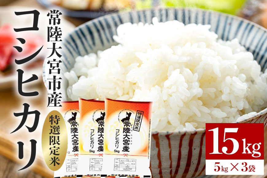 常陸大宮産 コシヒカリ 15kg(5kg×3) 特選限定米 白米 精米 おこめ ご飯 国産米 お米ギフト ブランド米 贈答用 人気のお米 美味しいお米 【一般財団法人常陸大宮市観光物産協会】【ho1398】