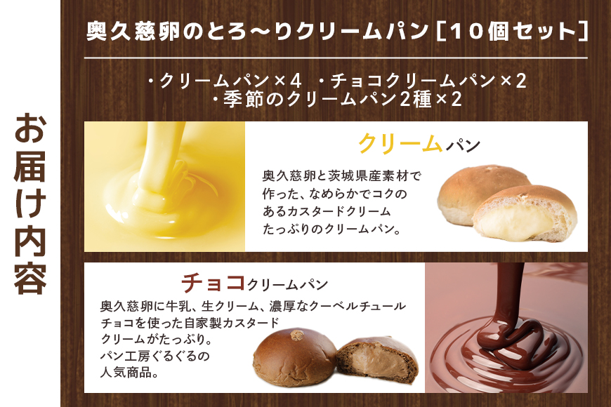 パン工房ぐるぐる 奥久慈卵のとろ～りクリームパン 10個セット 4種類 クリームパン スイーツ パン お土産 お取り寄せ 冷凍 プレゼント 食べ物 ギフト お中元 冷凍パン セット お取り寄せスイーツ