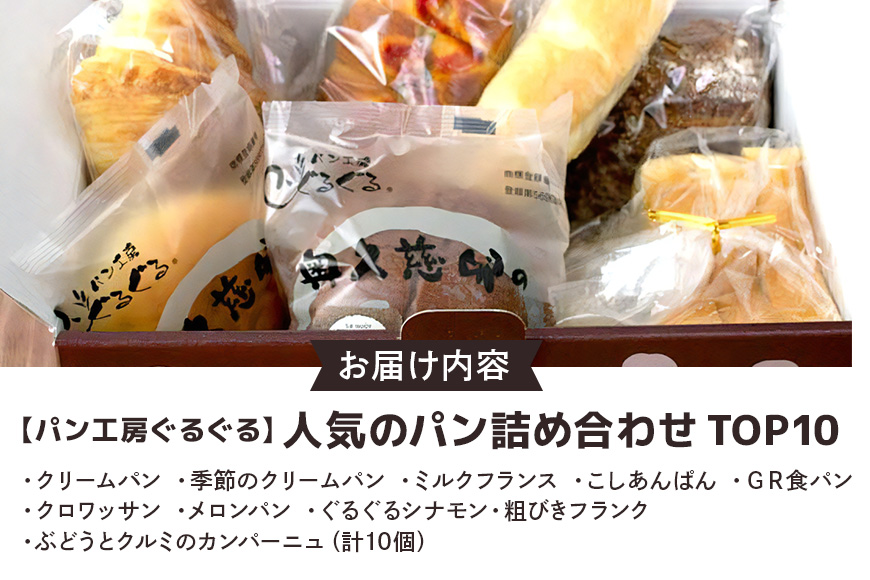 パン工房ぐるぐる 10点セット クリームパン 食パン 冷凍 季節のクリームパン ミルクフランス こしあんぱん ＧＲ食パン クロワッサン メロンパン ぐるぐるシナモン 粗びきフランク ぶどうとクルミのカンパーニュ 奥久慈卵 スイーツ パン