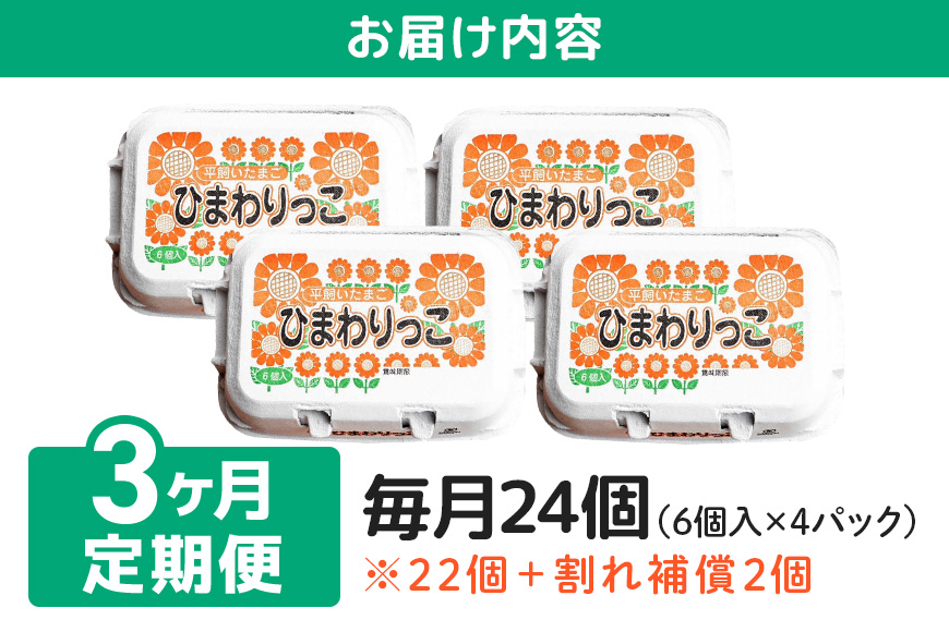 平飼いたまご ひまわりっこ 3か月定期便 24個 (22個＋割れ補償2個) 1箱×3回 卵 鶏卵 高品質 贈答 お歳暮 那珂市 国産 高級 安心 平飼い たまご 玉子 無選別 コク旨 濃厚 黄身 白身 地鶏 たまごかけごはんにぴったり