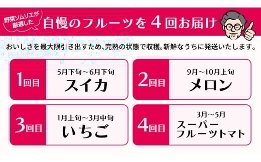 【 野菜ソムリエ 厳選 】 旬 の フルーツ 定期便 ( こだまスイカ スタート ) 4回 先行予約 果物 いちご イチゴ 苺 とちおとめ やよいひめ かおり野 すいか ピノガール トマト フルーツトマト メロン アールスメロン 新鮮 おすすめ ソムリエ 野菜 [AF101ci]