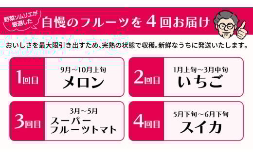【 野菜ソムリエ 厳選 】 旬 の フルーツ 定期便 ( アールスメロン スタート ) 4回 先行予約 果物 いちご イチゴ 苺 とちおとめ やよいひめ かおり野 すいか 小玉スイカ ピノガール トマト フルーツトマト メロン アールスメロン 新鮮 おすすめ ソムリエ 野菜 [AF097ci]