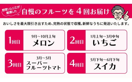 【 野菜ソムリエ 厳選 】 旬 の フルーツ 定期便 ( アールスメロン スタート ) 4回 先行予約 果物 いちご イチゴ 苺 とちおとめ やよいひめ かおり野 すいか 小玉スイカ ピノガール トマト フルーツトマト メロン アールスメロン 新鮮 おすすめ ソムリエ 野菜 [AF097ci]