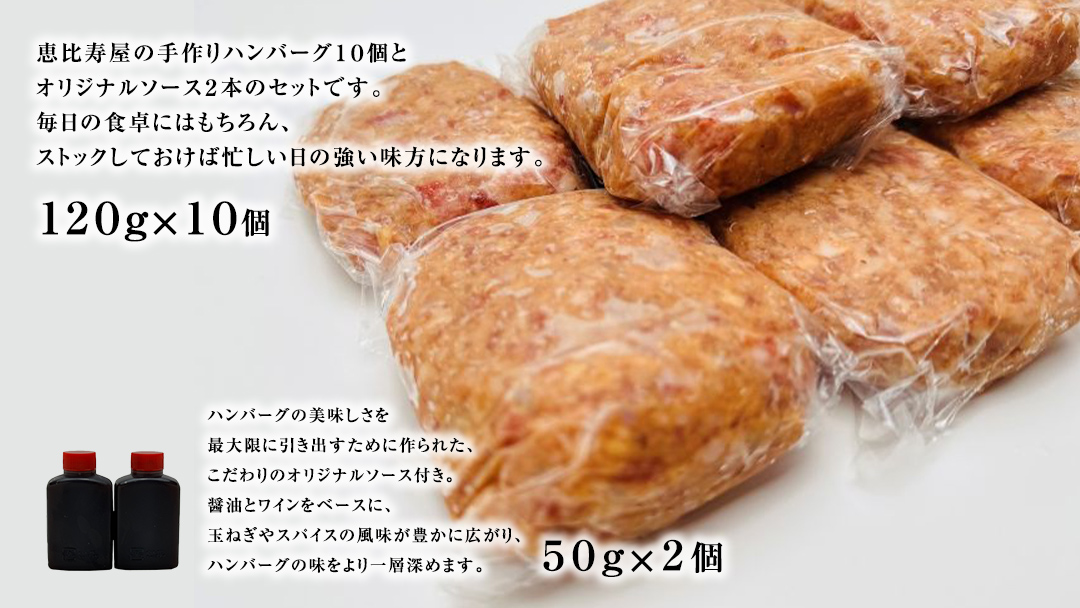 恵比寿屋の手作りハンバーグ 10個 ( オリジナルソース付き ) 化粧箱入り ハンバーグ 国産 牛肉 豚肉 肉 お肉 [AD006ci]