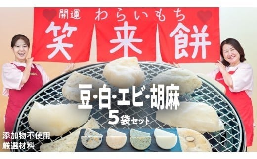 笑来餅 5個 セット（豆2、白、エビ、胡麻） 餅 もち もち米 豆餅 落花生 エビ [EP007ci]