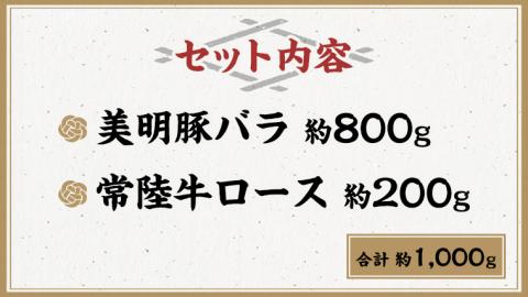 美明豚 × 常陸牛 スライス 約1kg セットC 【茨城県共通返礼品/行方市】 ブランド豚 しゃぶしゃぶ SPF 豚肉 バラ ロース [DS006sa]