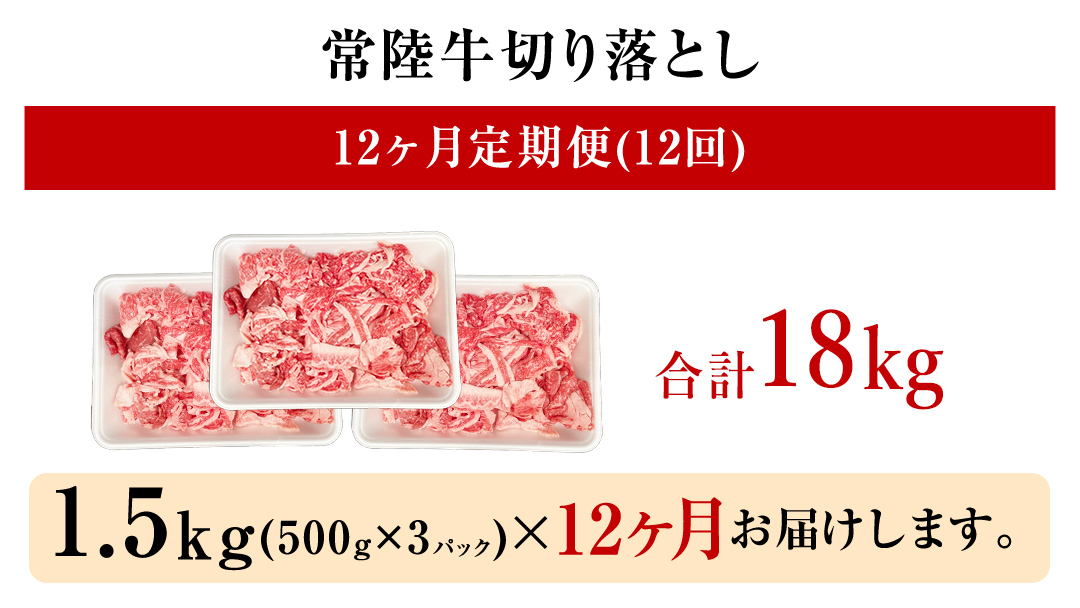 【 定期便 12ヶ月 連続 】 常陸牛 切り落とし 1.5kg ( 500g ×3袋 × 12回 ) (茨城県共通返礼品) 使いやすい パック A4 A5 ランク 黒毛和牛 国産黒毛和牛 和牛 国産 牛肉 牛 お肉 肉 ひたち牛 小分け [CD106sa]