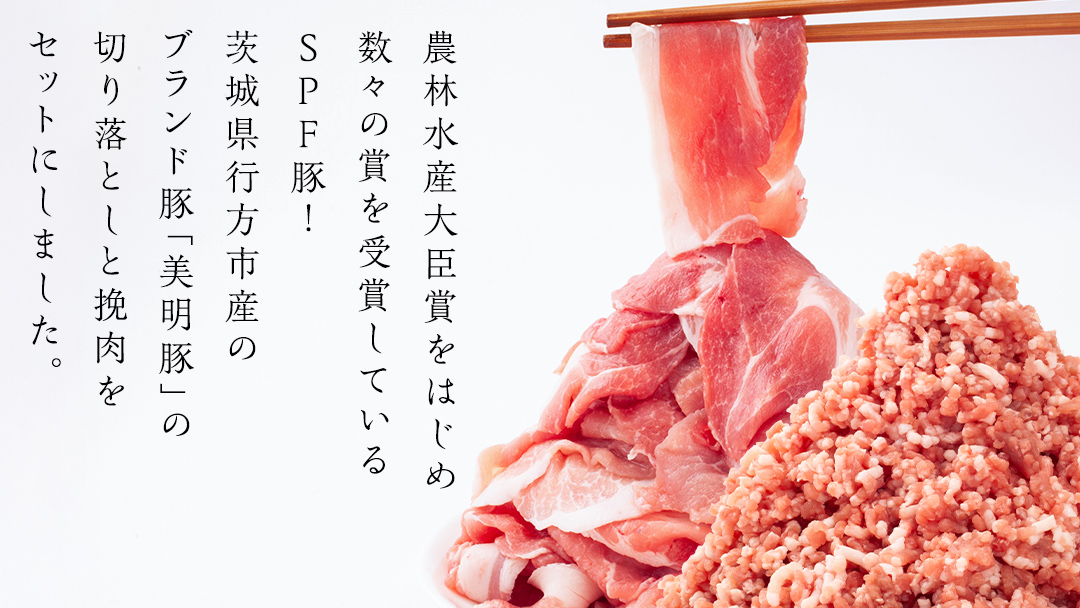 美明豚 切り落とし 1kg & 挽肉 1kg　計 2㎏【茨城県共通返礼品 行方市】 豚肉 国産 銘柄 お手頃 グルメ 茨城県 料理 お肉 肉 豚 ひき肉 ミンチ ミンチ肉 豚こま 豚こま切れ 小間切れ こま切れ ブランド豚 冷凍 小分け [CV003sa]
