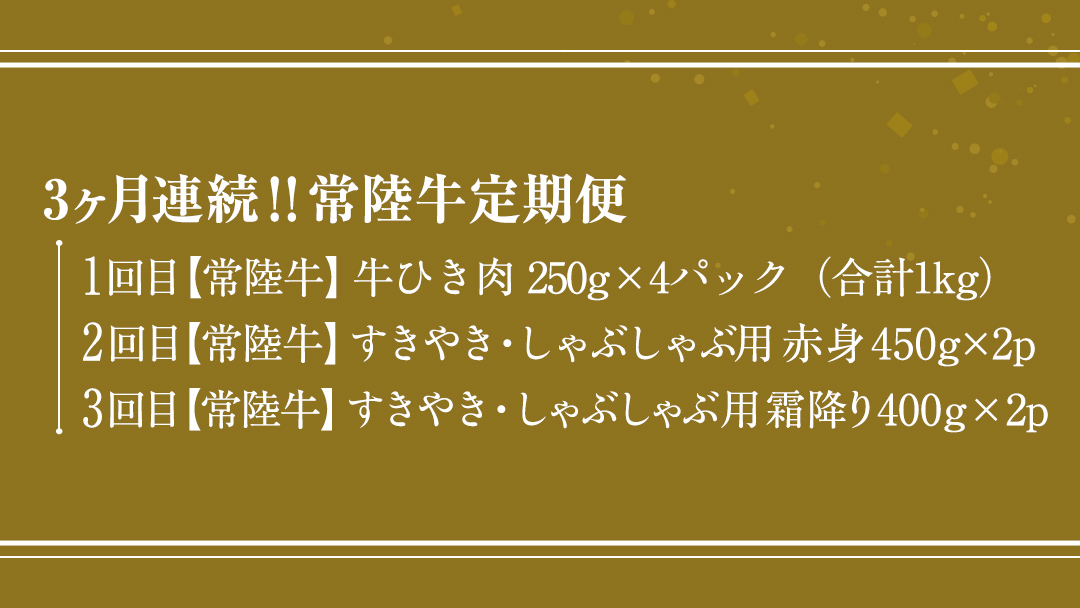【 常陸牛 】 3ヶ月連続定期便！藤井商店で人気のお肉を毎月１品お届け (茨城県共通返礼品)  国産黒毛和牛 黒毛和牛 国産 国産牛 和牛 牛肉 お肉 お肉 肉 牛 専門店 ひたち牛 ブランド牛 A4 A5 ランク ひき肉 挽肉 ブランド 冷凍 BBQ バーベキュー 焼肉 煮込み すきやき すき焼き しゃぶしゃぶ ハンバーグ メンチカツ 藤井商店 [CD085sa]