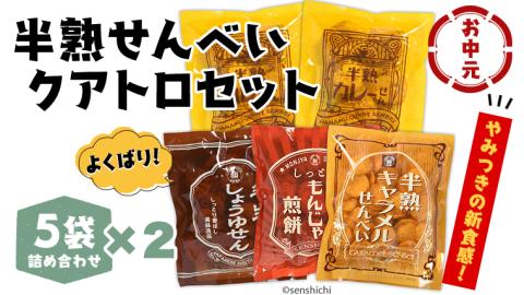 ＜お中元熨斗付き＞半熟せんべい 5袋詰合せ×2箱(10袋) クアトロセット 半熟カレーせん 半生しょうゆせん 半熟もんじゃ煎餅 半熟キャラメルせんべい[AO011sa]