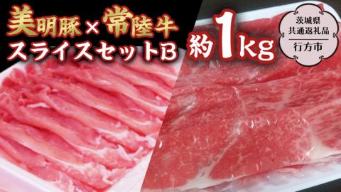 美明豚×常陸牛スライス約1kgセットB 【茨城県共通返礼品/行方市】 ブランド豚 しゃぶしゃぶ SPF 豚肉 モモ [DS004sa]