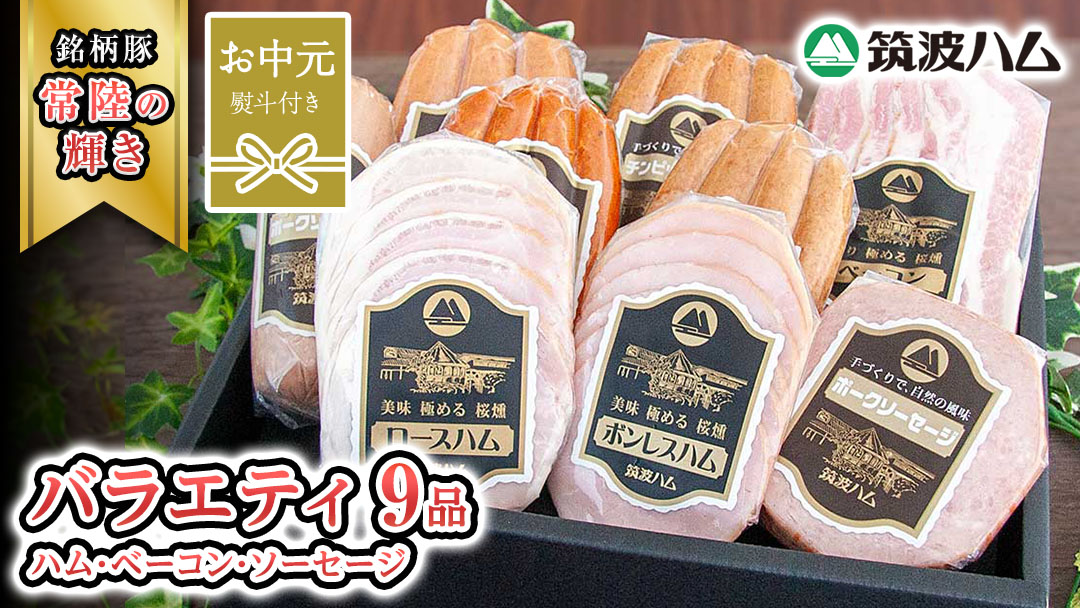 【お中元熨斗付き】 筑波ハム バラエティ 9品 ( ハム ベーコン ソーセージ ) 『常陸の輝き』 茨城県産 ブランド豚 銘柄豚 ( 茨城県共通返礼品 ) ロースハム ボンレスハム フランク ウィンナー チョリソー 豚 ポーク ステーキ 肉 お肉 [EN011sa]