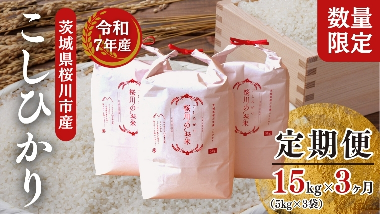 《 3ヶ月 定期便 先行予約 》【生産者支援】《 令和7年産 新米 》　茨城県桜川市産 こしひかり 15kg ( 5kg × 3袋 ) × 3回 茨城県産 桜川 米 お米 白米 コメ ごはん 精米 コシヒカリ 国産 限定 銘柄米 [SC035sa]