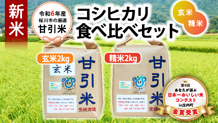 令和6年産 新米 桜川市の 厳選 甘引米 コシヒカリ 食べ比べセット(玄米・精米) 特別栽培米 コシヒカリ こしひかり 玄米 精米 米 こめ コメ 有機肥料 桜川市産 茨城県[BA002s]