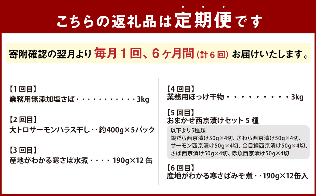 【6ヶ月定期便】 神栖市 海の幸 堪能 セット 鯖 さば サーモンハラス サバ缶 水煮 みそ煮 ホッケ 干物 西京漬け