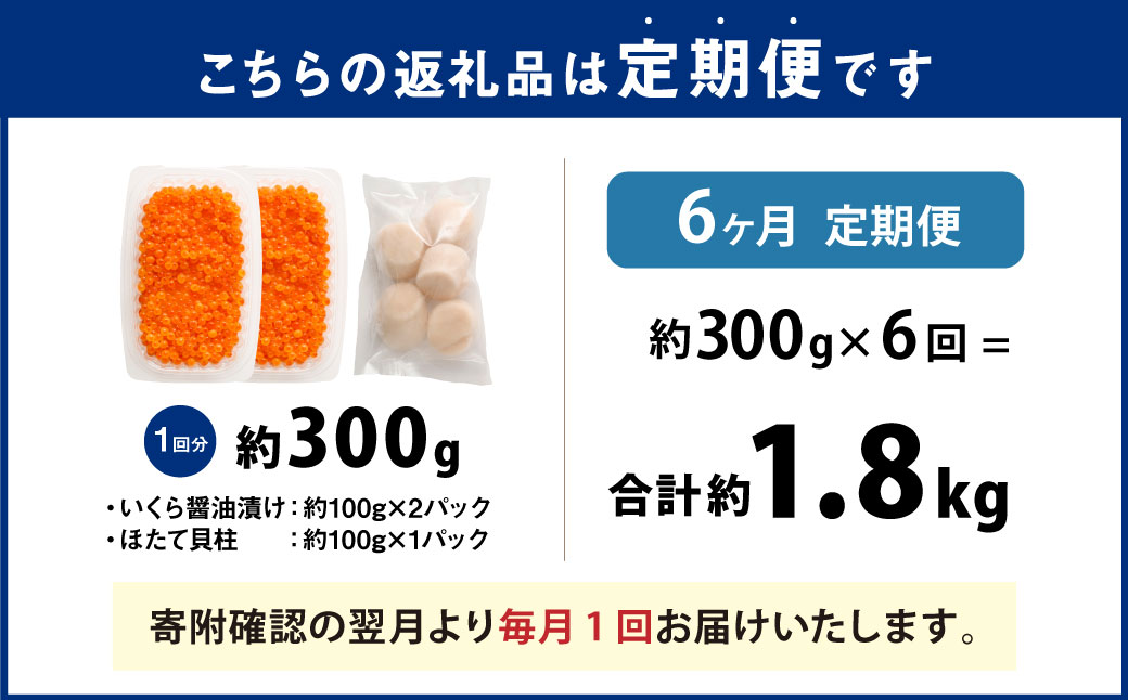 【6ヶ月定期便】【北海道産原料使用】いくら醤油漬けとほたて貝柱の海鮮丼セット 約300g×6回 合計約1.8kg 海鮮 いくら いくら醤油漬け ホタテ 貝柱 海鮮丼 小分け 定期