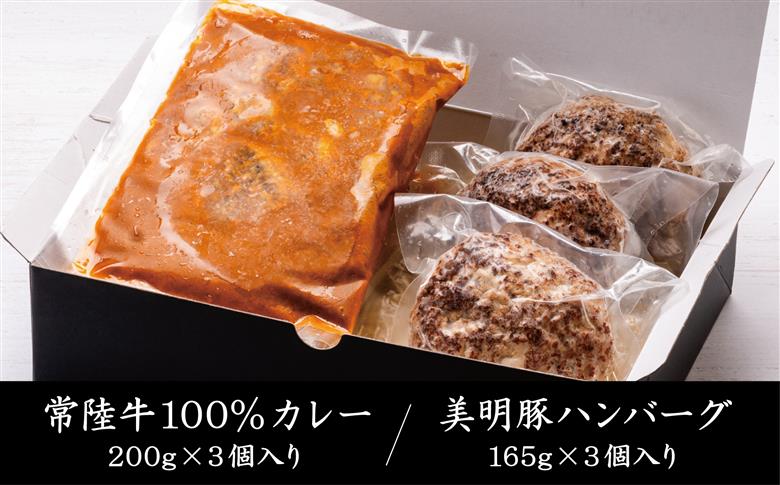 常陸牛カレー(200g×3個)＆美明豚ハンバーグ(約130g×3個)｜カレー レトルトカレー ハンバーグ 美明豚 常陸牛 人気 簡単 茨城県 行方市(AP-14)