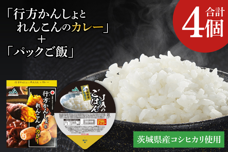 ～GI登録「さつまいも」使用～「行方かんしょとれんこんのカレー」＆「パックご飯」各2個セット｜カレー レトルト レトルトカレー パックご飯 ごはん レンジ コシヒカリ 非常食 ご当地 ご当地カレー 人気 オススメ 便利 特産品 地元特産品 茨城県 行方市(AE-145)