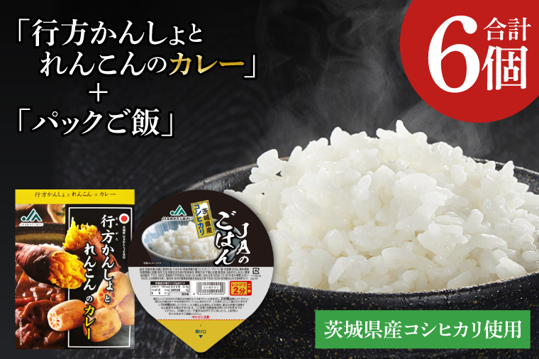 ～GI登録「さつまいも」使用～「行方かんしょとれんこんのカレー」＆「パックご飯」各3個セット｜カレー レトルト レトルトカレー パックご飯 ごはん レンジ コシヒカリ 非常食 ご当地 ご当地カレー 人気 オススメ 便利 特産品 地元特産品 茨城県 行方市(AE-146)