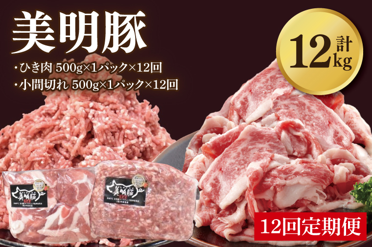 【12ヶ月定期便】【美明豚】ひき肉と小間切れのアソート 計1kg(各約500g×1パック)｜肉 お肉 ひき肉 小間切れ 豚肉 挽肉 美明豚 豚 ハンバーグ 焼き肉 焼肉 すき焼き 煮物 キーマカレー 茨城県 行方市(DH-30)
