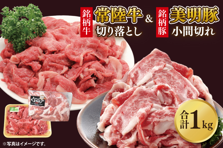美明豚小間切れ＆常陸牛切り落とし 計1kg(各約500g×1)｜肉 お肉 牛肉 肉類 牛肉 常陸牛 美明豚 切り落とし 小間切れ セット アソート ブランド 使い切り 少量 茨城県 行方市(DH-32)