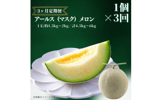 【3ヶ月定期便】アールスメロン（マスクメロン）1個入り（約1.5kg～2kg）×3回