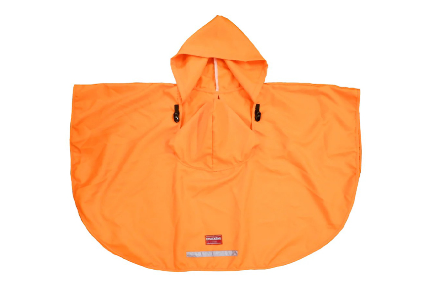 EVACKiDS 避難用フード付きポンチョ オレンジ 避難用 緊急 災害用 保育 防災用品 防炎 抱っこひも リフレクター 収納袋 壁掛け 0～3歳 74-BY