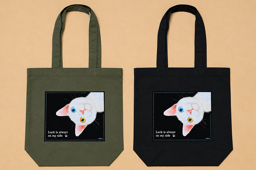 猫トートバッグ RIKA 愛猫 オッドアイ オリジナルイラストプレゼント ギフト カーキ ブラック かわいい 可愛い オシャレ おしゃれ お祝い 誕生日 ねこ ネコ 雑貨 ３６E