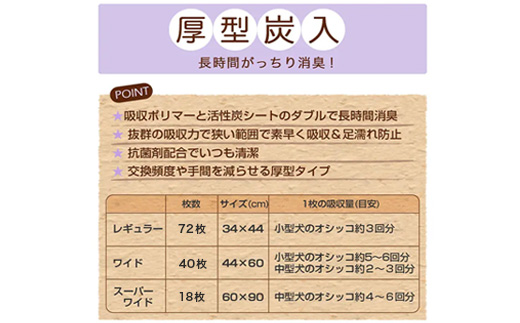 214601 厚型 炭入り レギュラー ペットシーツ 72枚 × 4袋 国産 ペットシート 吸収力抜群 ダブル消臭 抗菌剤配合 定期便 6ヶ月 連続お届け 428