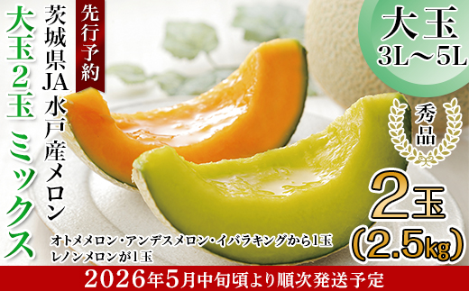214茨城県JA水戸産メロン【秀品】大玉2玉ミックス(2.5kg)【2026年5月中旬頃より発送予定】