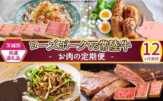 293【茨城県共通返礼品】肉 豚肉 牛肉 ローズポーク 常陸牛 お楽しみ 定期便 12ヶ月 すきやき しゃぶしゃぶ 焼肉 ステーキ 食べ比べ 贅沢 茨城 ごちそう おまかせ