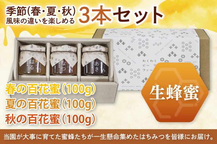 【茨城県共通返礼品/ひたちなか市】季節のはちみつセット【春の百花蜜 夏の百花蜜 秋の百花蜜 食べ比べ 蜂蜜 茨城県産】(75-01)