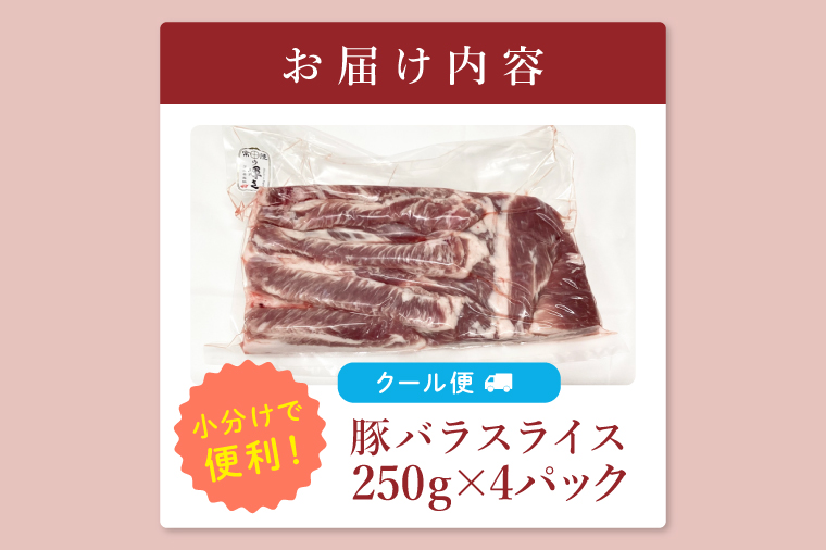 【茨城県共通返礼品/鉾田市】国産常陸の輝き豚バラスライス 1.0㎏(250ｇ×4Ｐ) | 霜降り 柔らかい 高品質 茨城県産(92-11)