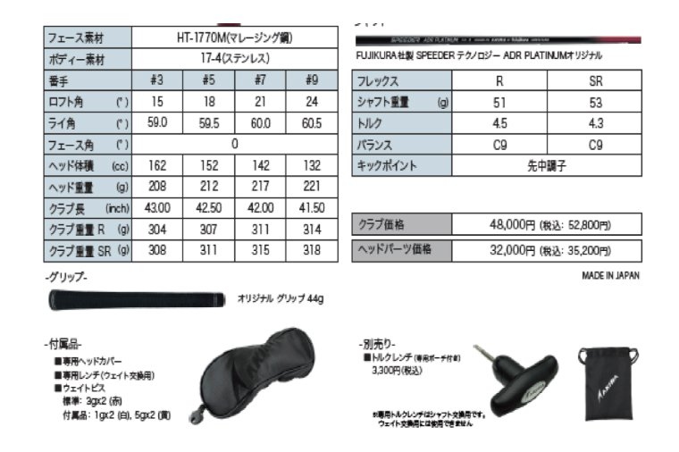 AKIRA 23ADR PLATINUM FW9 R/SR　AKIRA ORIGINAL by FUJIKURA SPEEDER 【 アキラ 23年モデル フェアウェイウッド F9 ゴルフクラブ  強弾道×高打ち出し×弾道調整 】（69-21）