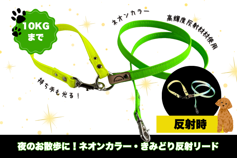 『ネオンカラー（黄緑）』オリジナル反射材の光る犬用リード【小型犬用10キロまで】【散歩 愛犬 夜散歩 手作り 阿見町 茨城県】（40-27）
