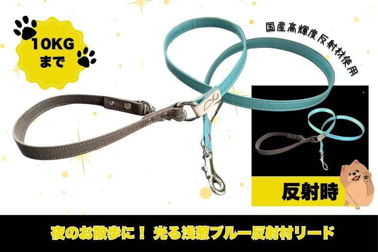 『ギラギラ・浅葱ブルー』犬用光るリード/特注高輝度反射材使用【小型犬用10キロまで】｜散歩 愛犬 夜散歩 阿見町 茨城県（40-31）