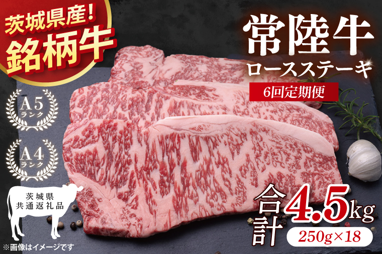 【茨城県共通返礼品】【6回定期便】常陸牛ロースステーキ 計4.5kg(250g×18)【銘柄牛 牛肉 冷凍 たんぱく質 ビタミン 茨城県産】(81-11)