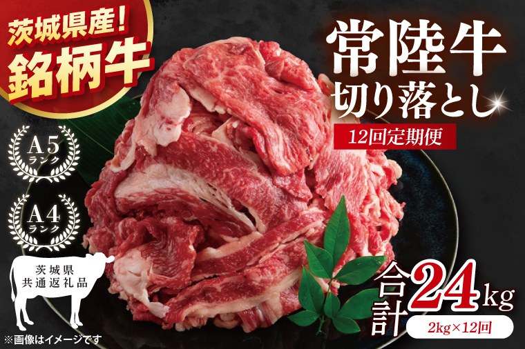 【茨城県共通返礼品】【12ヶ月定期便】大容量！常陸牛切り落とし 2kg（500g×4）【黒毛和牛 国産 銘柄牛 牛肉 肉 冷凍 茨城県産】(81-37)