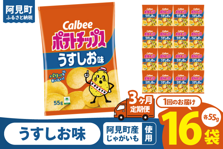 【3回定期便】カルビー ポテトチップスうすしお味（55g） 16個｜Calbee お菓子 菓子 おやつ おかし ぽてち ポテチ スナック おつまみ ジャガイモ じゃがいも（93-02）