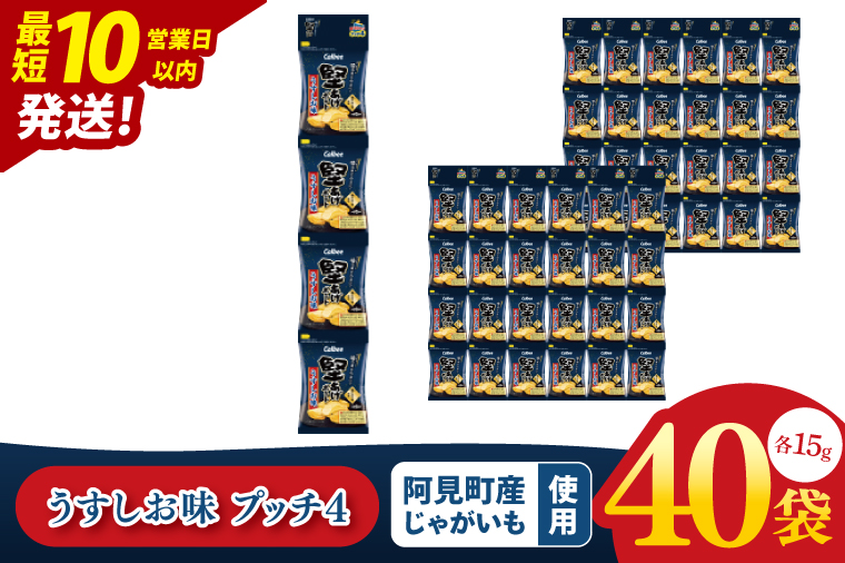 【10営業日以内に出荷】カルビー 堅あげポテト うすしお味 プッチ4 60g(15g×4袋)×10個｜Calbee お菓子 菓子 おやつ おかし ぽてち ポテチ スナック おつまみ ジャガイモ じゃがいも 小分け 個包装（93-64）