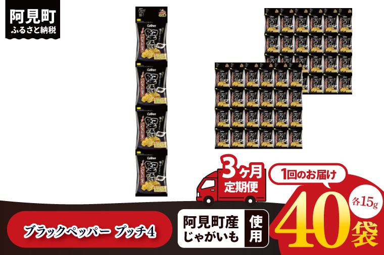 【3ヶ月定期便】カルビー 堅あげブラック ペッパープッチ4 60g(15g×4袋)×10個｜Calbee お菓子 菓子 おやつ おかし ぽてち ポテチ スナック おつまみ ジャガイモ じゃがいも（93-86）