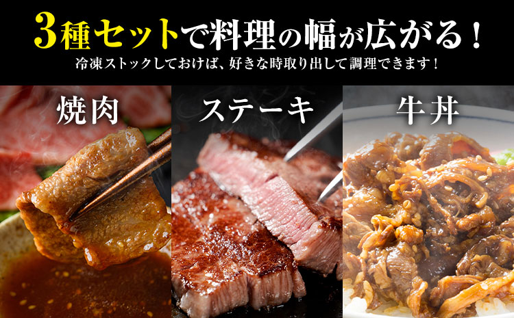 常陸牛 3種 盛り合わせ カルビ ももステーキ 切り落し (茨城県共通返礼品：茨城県産) ワークミート《30日以内に出荷予定(土日祝除く)》茨城県 河内町 常陸牛 和牛 焼肉 ステーキ もも肉 切り落とし 牛肉 牛---kawachhi_wm_6_set---