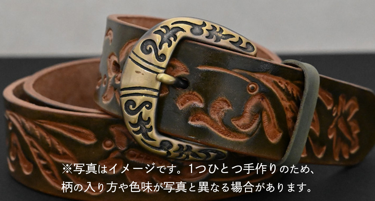 【 数量限定 】 牛革ベルト （フラワーオリーブグリーン） 【太さ35mm、厚さ3.7mm、長さ110cm】 牛革 牛 革 皮 ベルト 手作り ハンドメイド [BE030ya-M] フラワーオリーブグリーン(35mm) Mサイズ