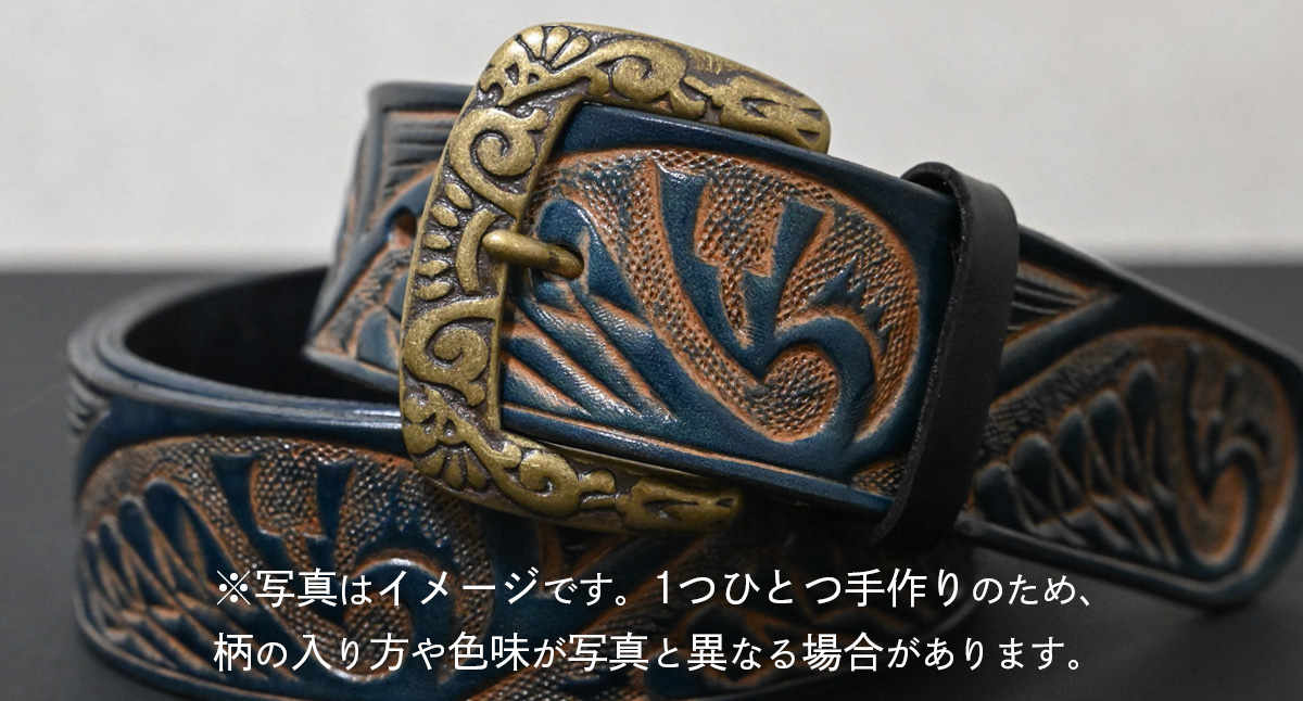 【 数量限定 】 牛革ベルト （インディアン鷲柄 紺すかし染め） 【太さ40mm、厚さ3.7mm、長さ110cm】 牛革 牛 革 皮 ベルト 手作り ハンドメイド [BE052ya-M] インディアン鷲柄 紺すかし染め(40mm) Mサイズ