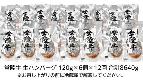 【茨城県共通返礼品】【12ヶ月定期便】 黒毛和牛 常陸牛 100% 特製 プレミアム 生ハンバーグ 120g×6個入り 合計720g 八千代町産 白菜 使用 無添加 無着色 保存料不使用 冷凍 牛 [AU058ya]