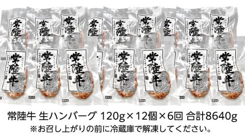 【茨城県共通返礼品】【6ヶ月定期便】 黒毛和牛 常陸牛 100% 特製 プレミアム 生ハンバーグ 120g×12個入り 合計1,440g 八千代町産 白菜 使用 無添加 無着色 保存料不使用 冷凍 牛 [AU057ya]