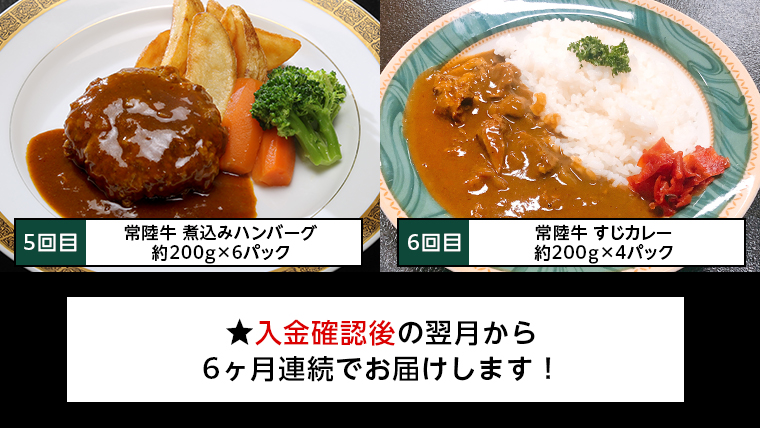 【茨城県共通返礼品】【定期便】 【6回コース】 常陸牛 食べ尽くし 定期便 （6ヶ月連続でお届け） 牛肉 黒毛和牛 国産 贅沢 ビーフシチュー ハンバーグ ローストビーフ 牛もつ ホルモン 簡単 手軽 [AU035ya]